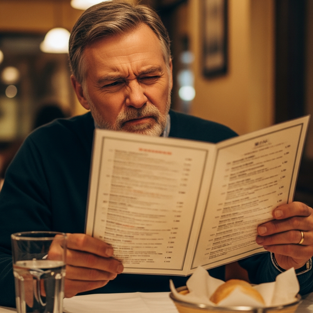 Man squinting at menu — Clear2View helps