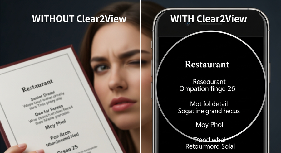 Before and after Clear2View — blurry text vs crystal clear